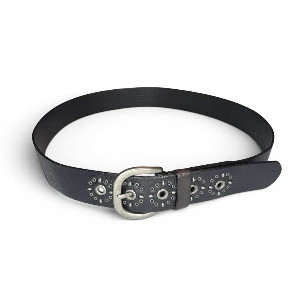 Fossil Boho Hippie Belt L Black Leather Studded Floral Grommet Vintage Y2K - Picture 2 of 7